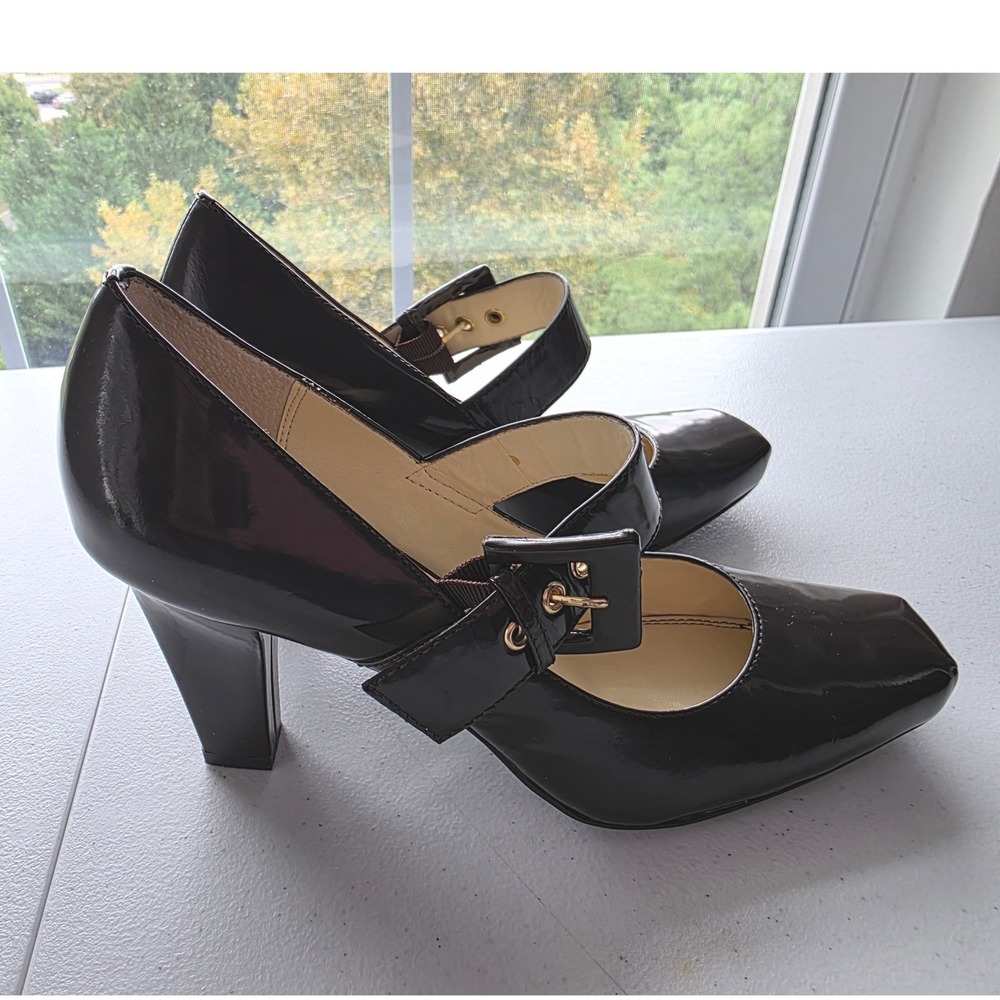 Franco Sarto Brown Patent Leather Square Toe Mary Jane Block Heel Pumps Size 8.5